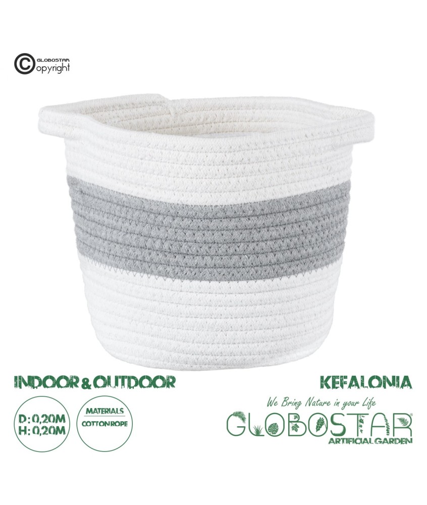GloboStar® Artificial Garden KEFALONIA 20321 Διακοσμητικό Πλεκτό Καλάθι - Κασπώ Γλάστρα - Flower Pot Γκρι με Λευκό Φ20cm x Υ20cm
